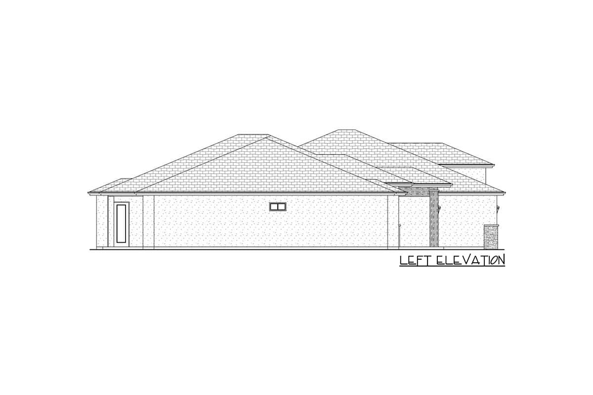 Left elevation drawing of a single-story house plan with a hipped roof and brick accents.