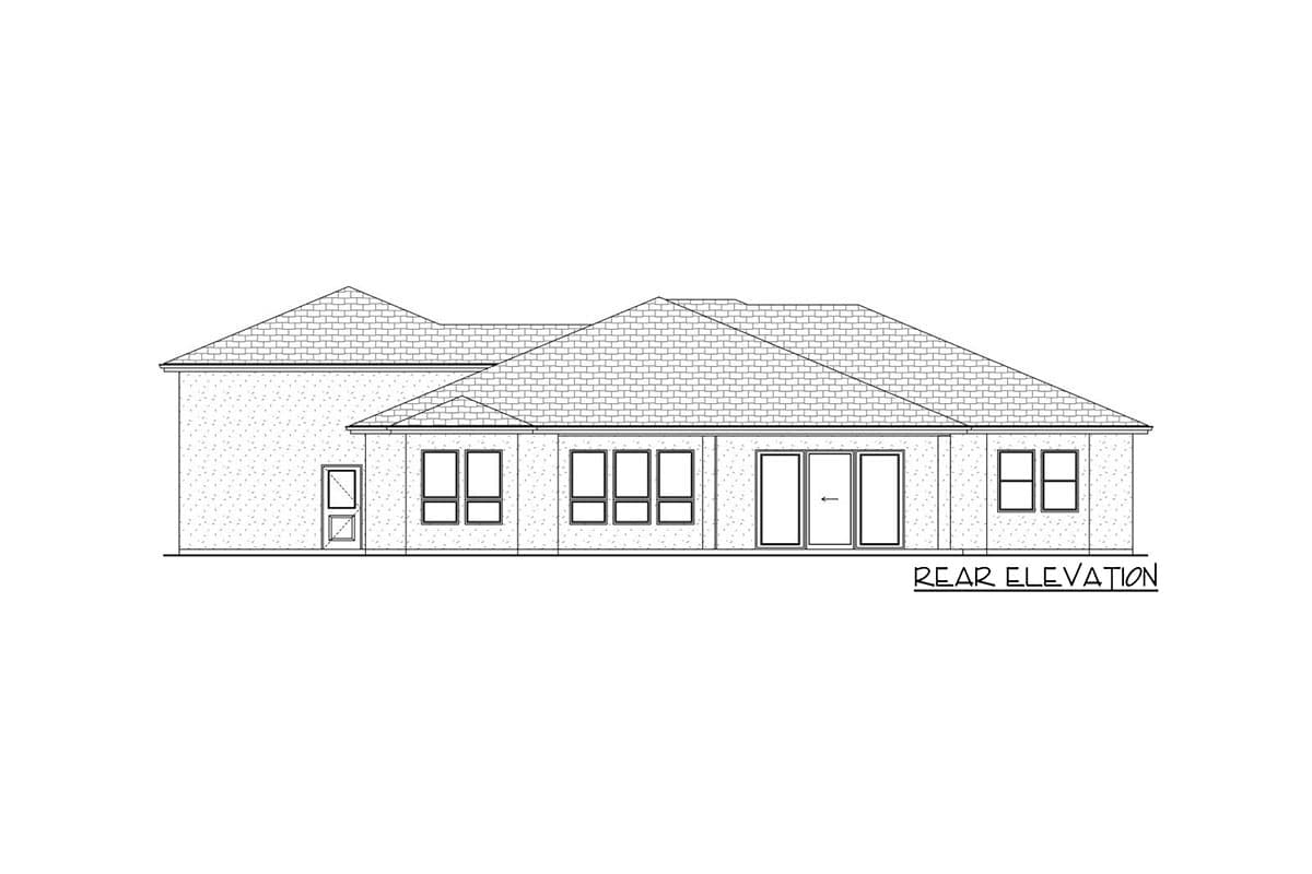 Rear elevation house plan with multiple windows and double doors.
