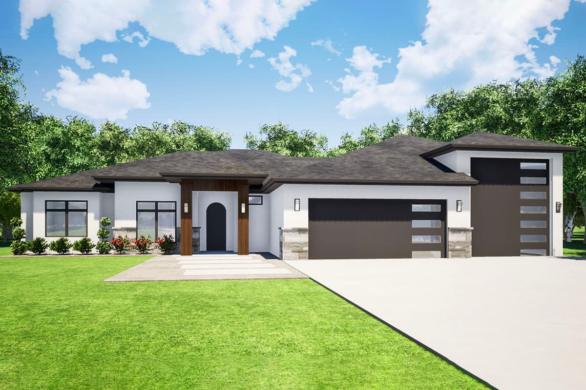 House plan exterior. Modern style, single-story home with flat roof, recessed entry, and attached garage. Black windows and doors.