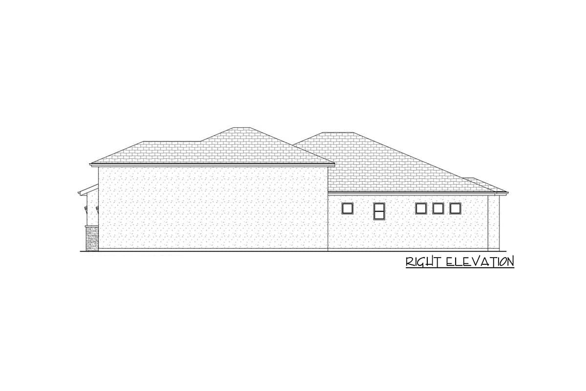 Right elevation drawing of a house plan featuring a multi-level roof and several square windows.