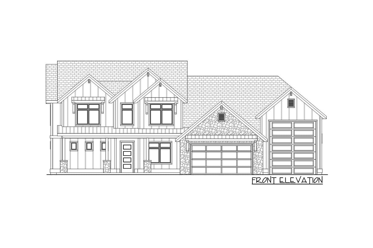 Front elevation house plan showing a two-story home with gables, stone accents, a covered entryway, and an attached two-car garage.