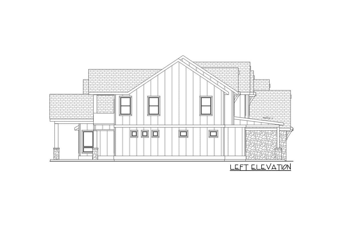 Left elevation house plan showing a two-story structure with board-and-batten siding, stone accents, multiple gables, and a covered porch.