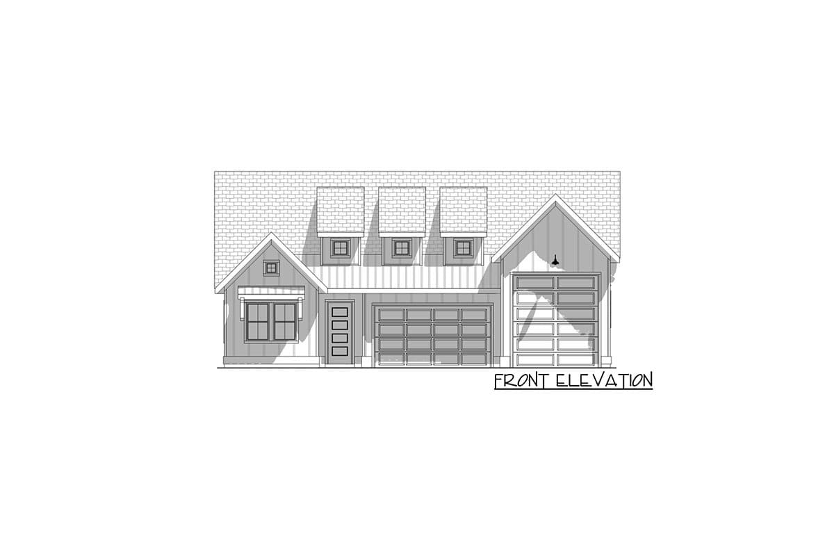 Front elevation drawing of a modern farmhouse style house plan with a steeply pitched roof, dormers, and a three-car garage.