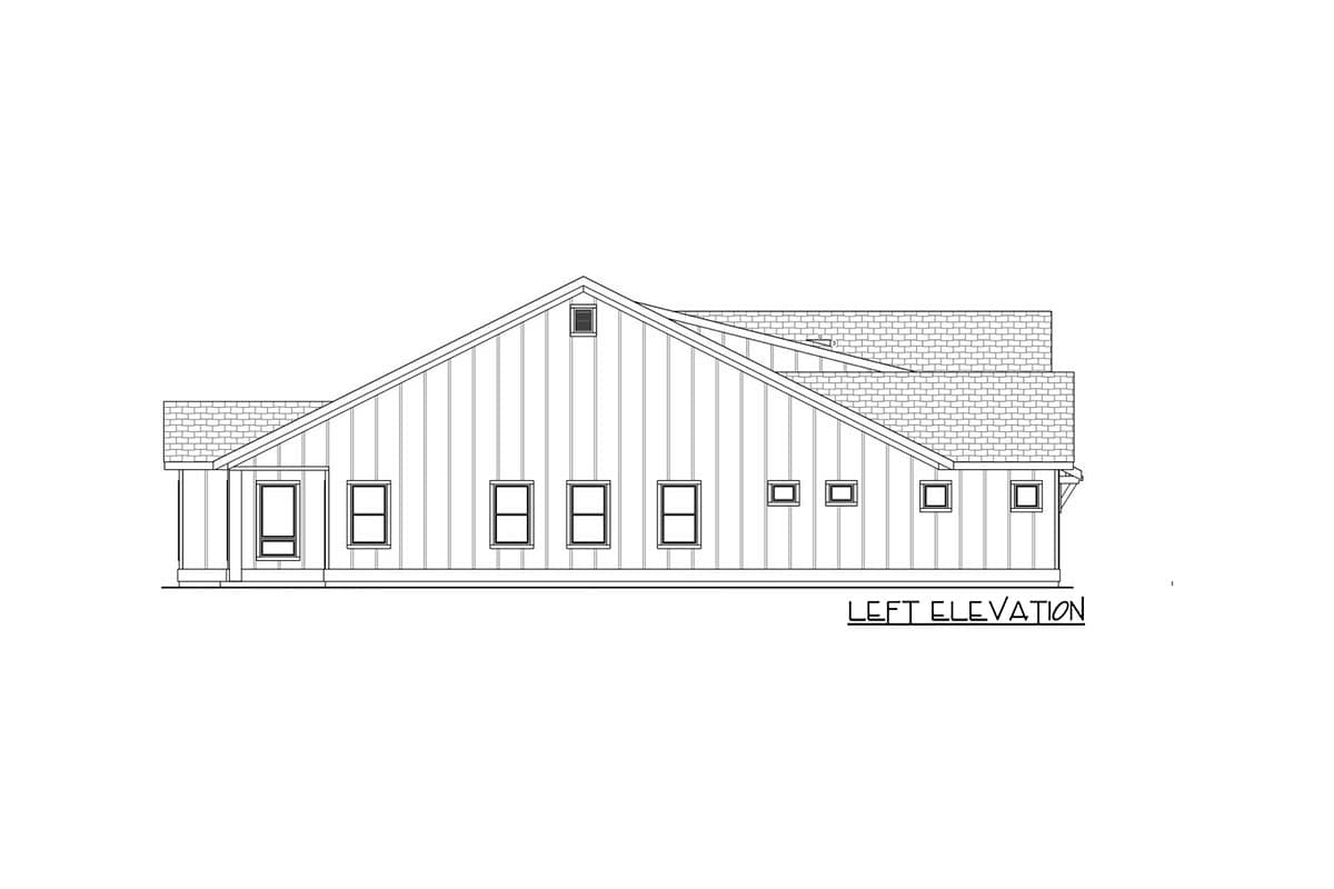 Left elevation drawing of a one-story house plan with vertical siding, prominent gable, and varied window sizes.