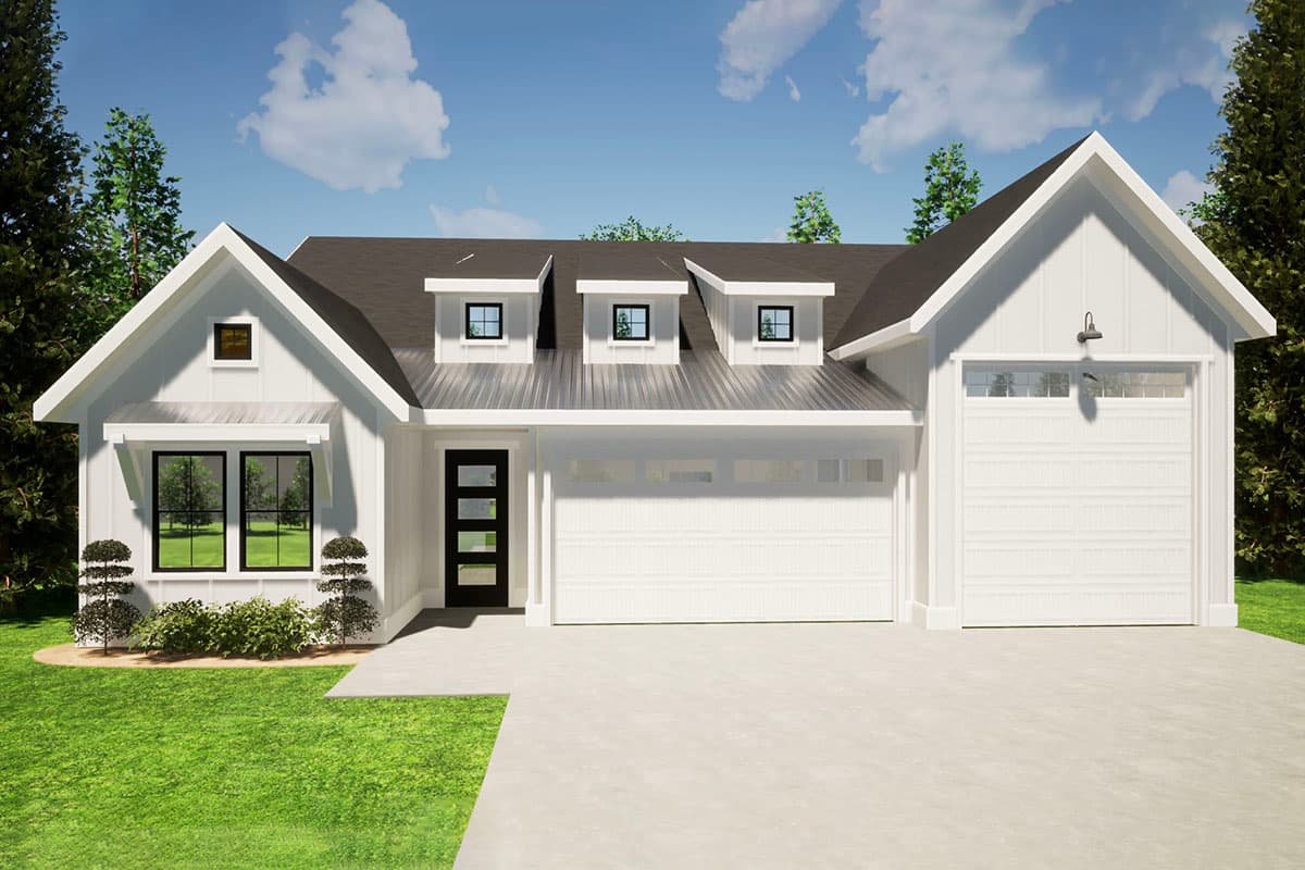 House plan exterior featuring a Modern Farmhouse style with a single story, dormers, a two-car garage, and a gable roof.