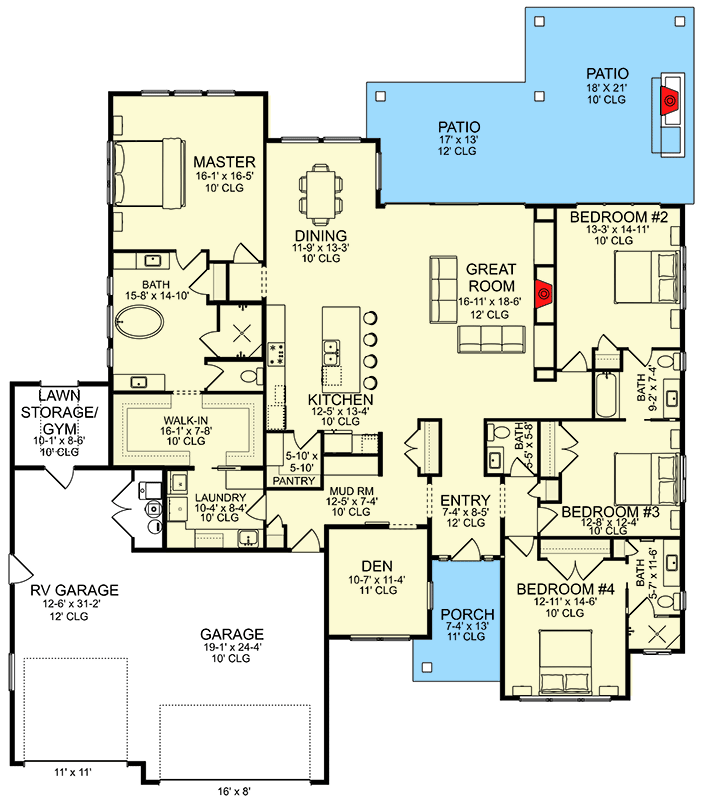 Plan 580059DFT: Craftsman Ranch with 4 Beds Under 3000 Square Feet with RV Garage  - Floor Plan - Main Level - Craftsman, New American, Ranch