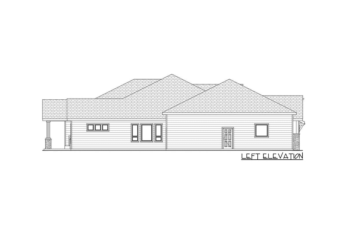 Left elevation of a one-story house plan showing a covered porch with stone-clad columns, multiple windows, and a gabled roofline.