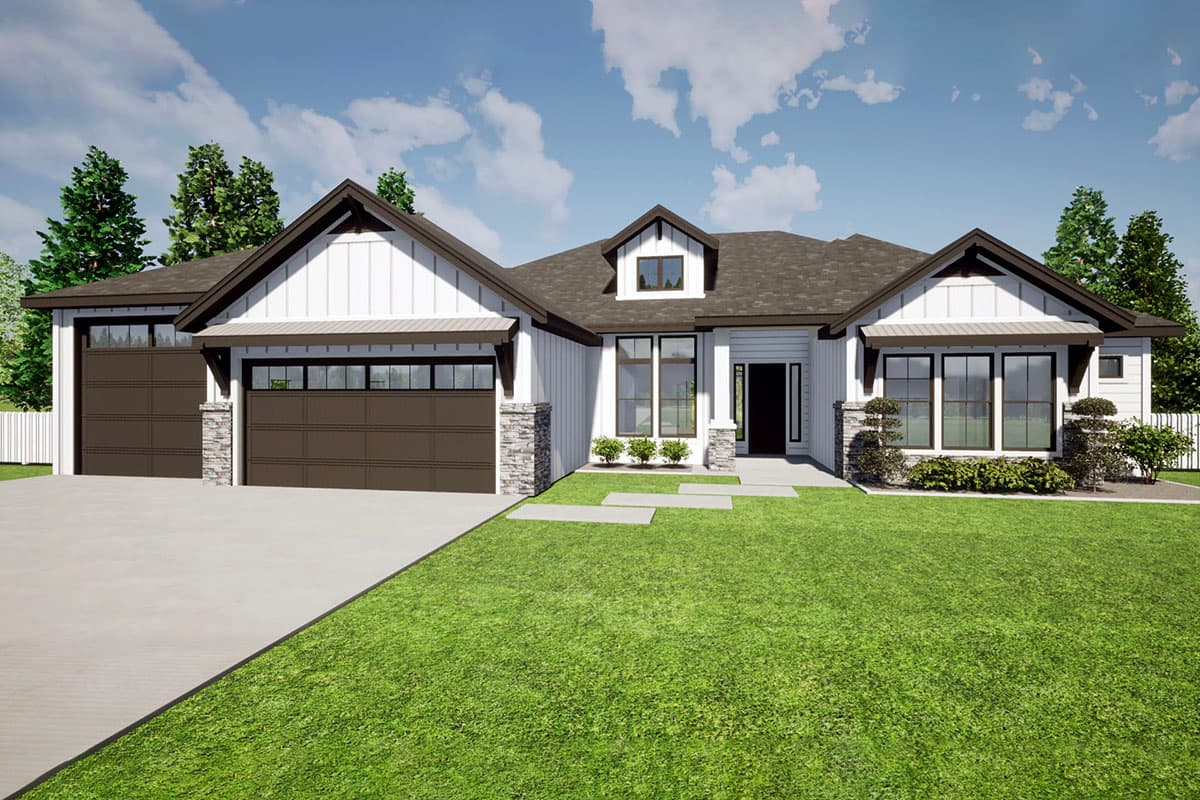 House plan exterior: Modern farmhouse with two stories, board and batten siding, multiple gables, and a detached garage.