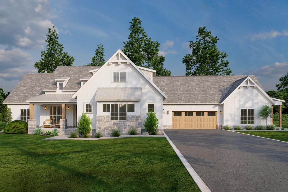 House plan exterior rendering. Modern farmhouse style with gabled roof, covered porch, and attached garage. Stone accent on the exterior.