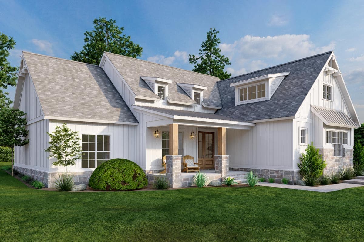 Modern Farmhouse house plan exterior with a covered porch, stone accents, board and batten siding, and prominent gables.