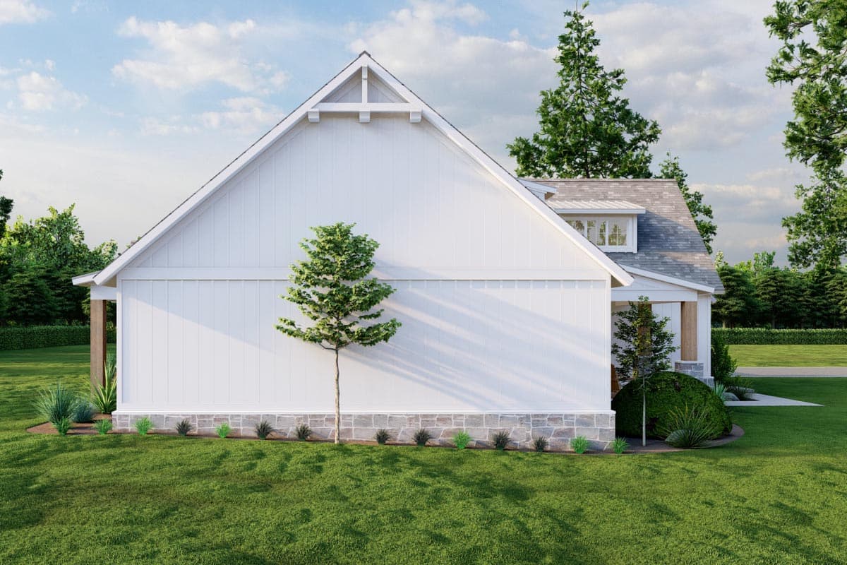 House plan exterior: Modern Farmhouse style, vertical siding, stone foundation, gable with trim detail, dormer window.