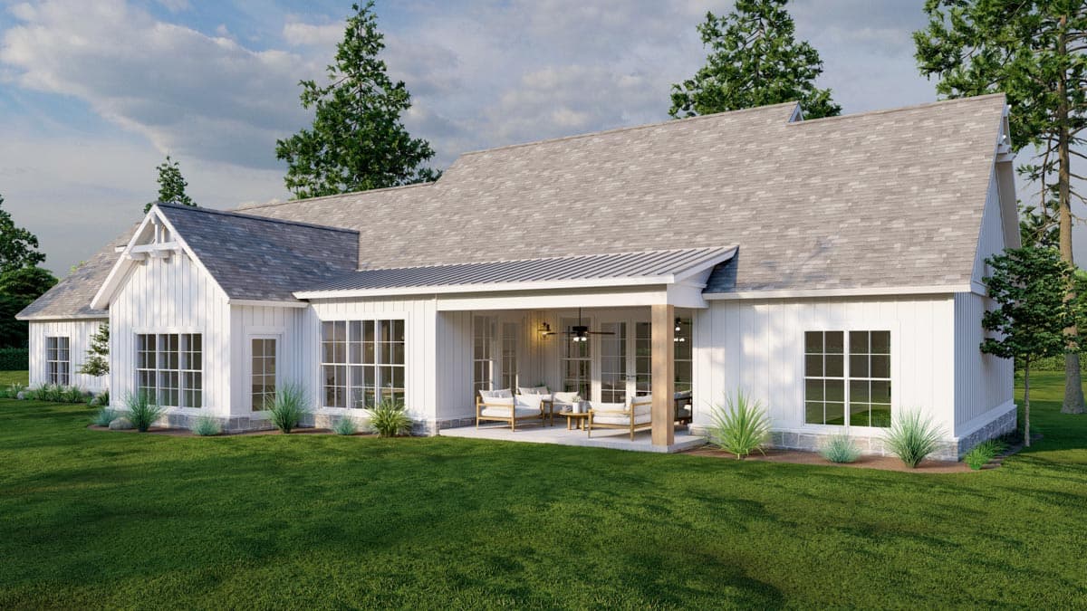 Modern Farmhouse style house plan exterior. One story with board and batten siding, gabled dormer, and covered porch with wood columns.