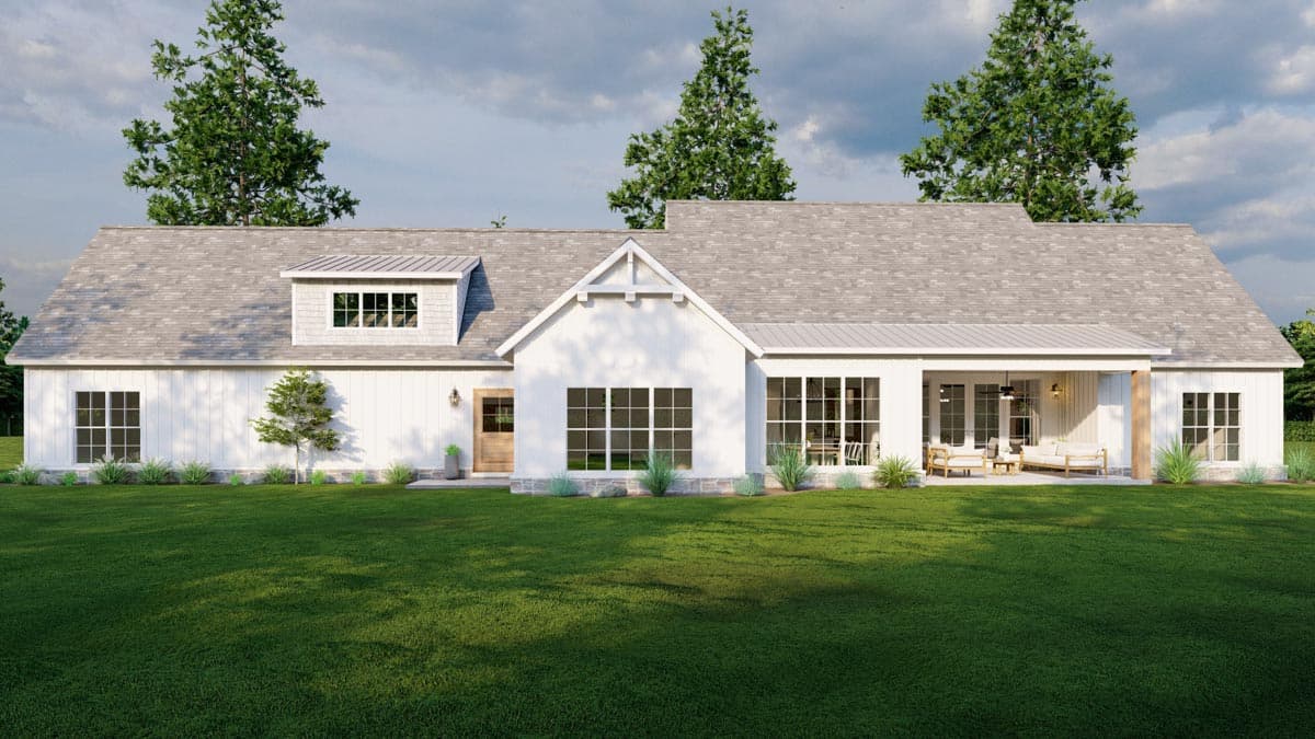 Modern Farmhouse house plan exterior with a dormer, gables, board and batten siding, and a covered patio.
