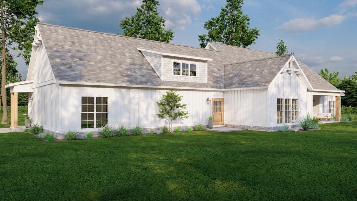 House plan exterior of a white Modern Farmhouse with gables, dormers, and a covered porch with timber posts.
