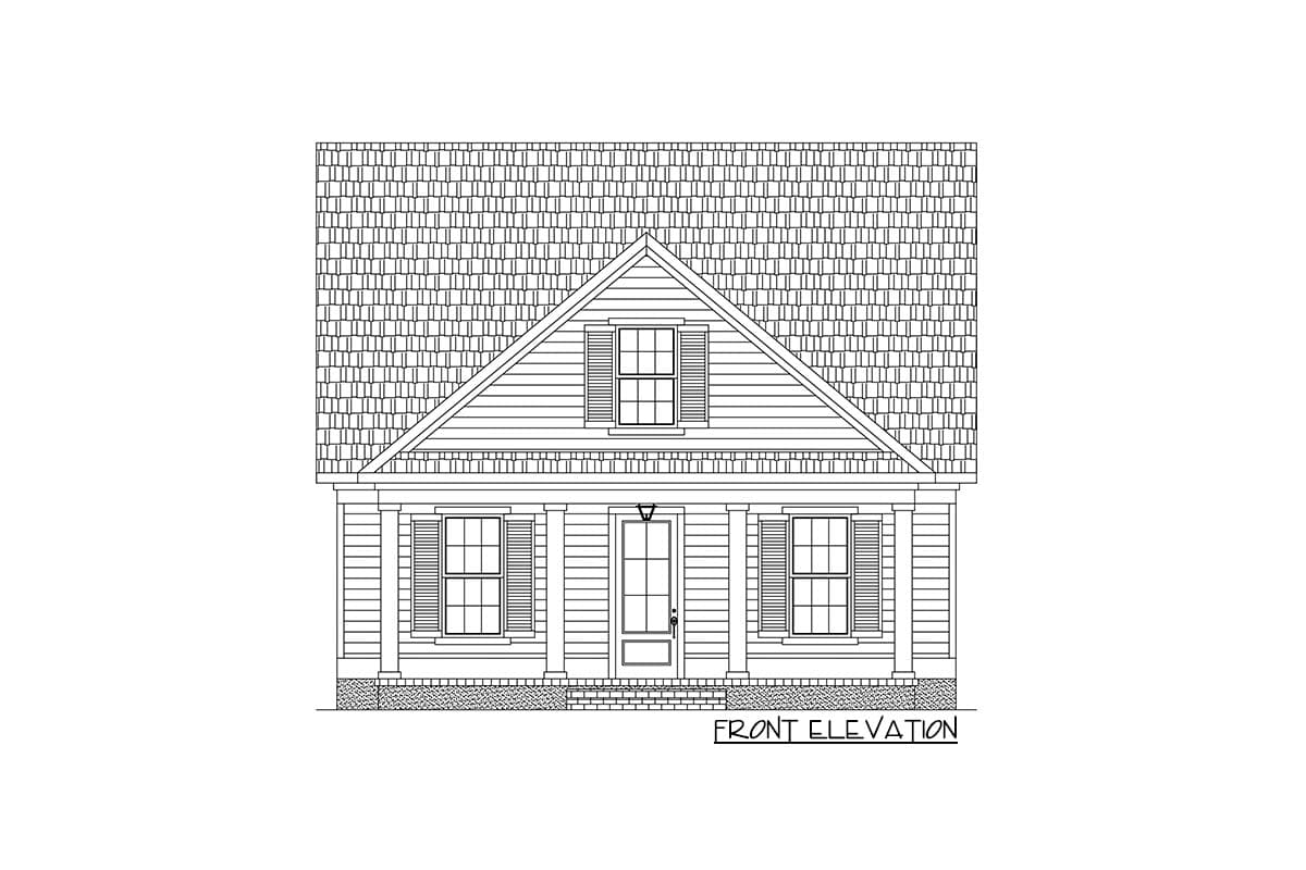 Front elevation house plan with a gable roof, porch with columns, a central door and two windows.