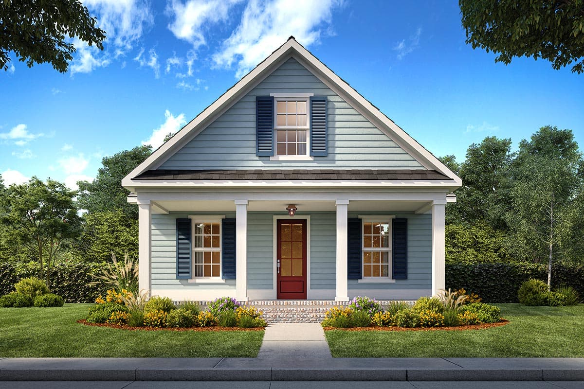 House plan exterior. Cottage style with front porch, gabled roof, and two stories. Features include shutters and a prominent front door.