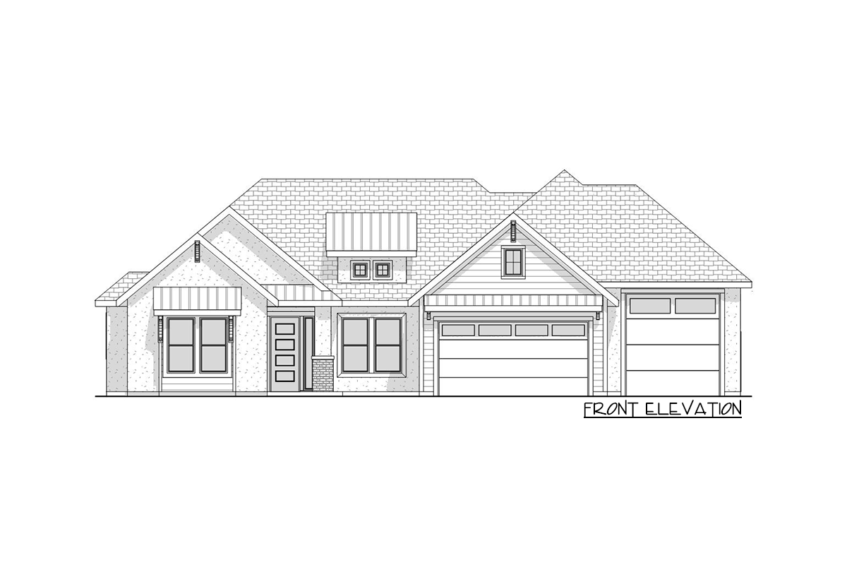 Front elevation drawing of a single-story house with gables, dormers, multiple windows, and a two-car garage.