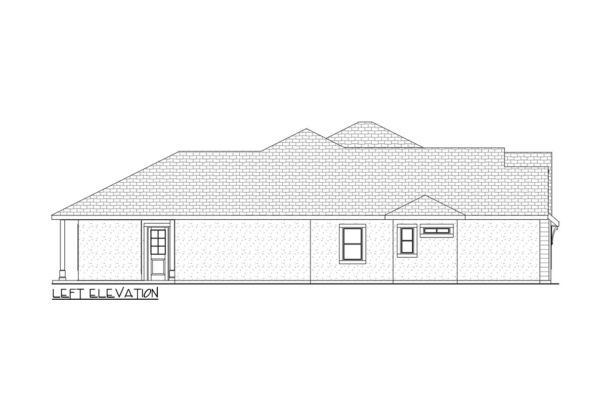 Left elevation of a single-story house plan with a hipped roof, front door with glass panes, and multiple windows.