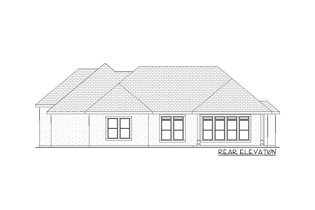 Rear elevation drawing of a single-story house plan with a hip roof and multiple window configurations.