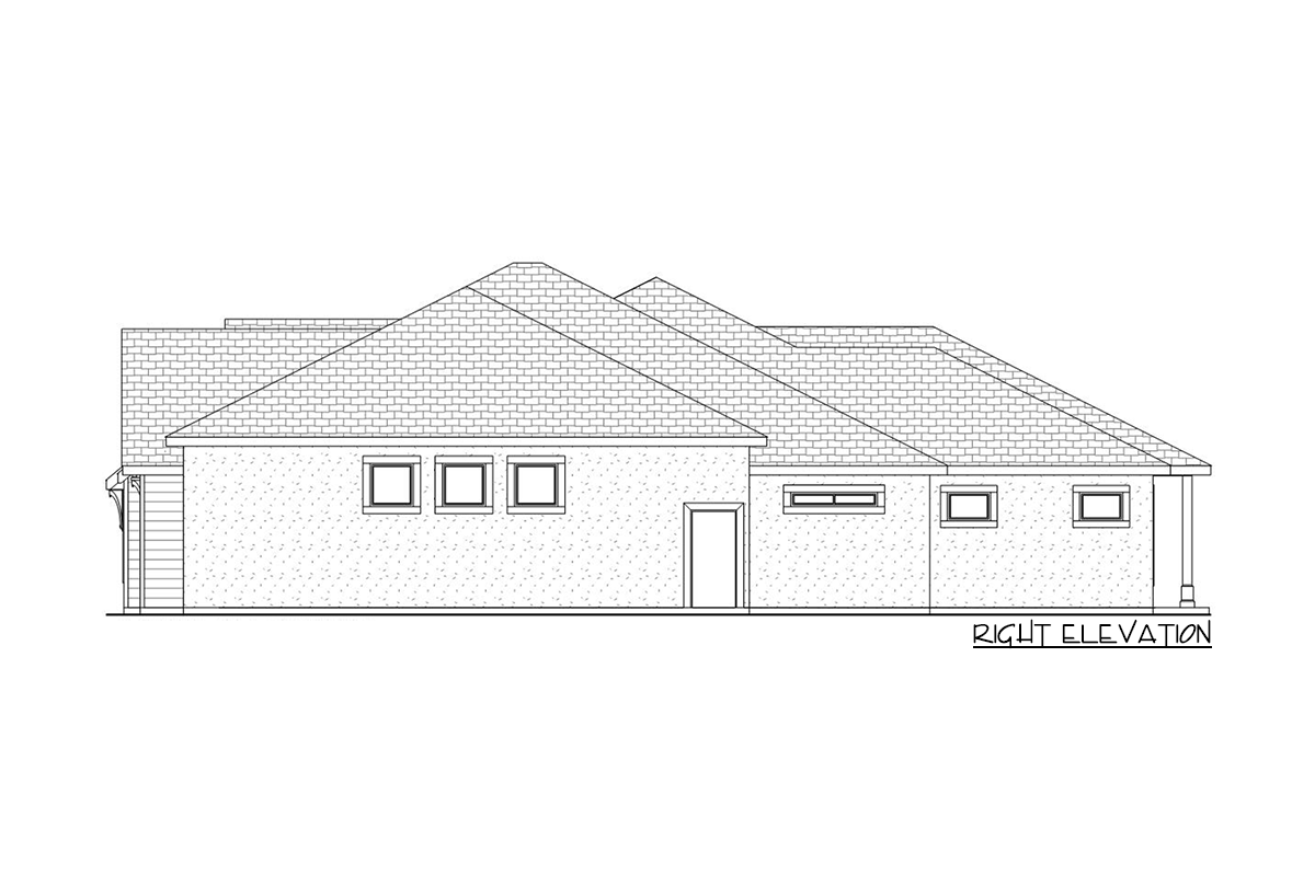 Right elevation drawing of a single-story house plan with multiple gables, pitched roof, and various window styles.