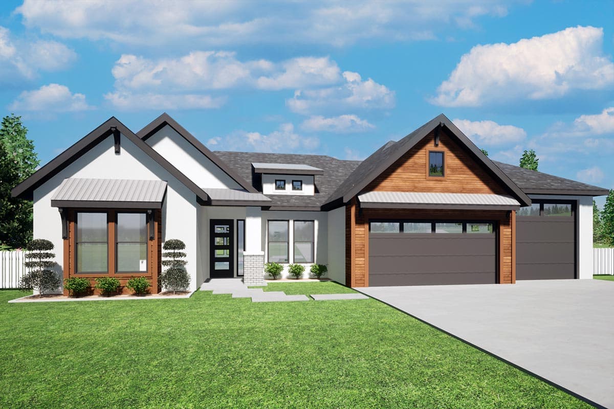 House plan exterior with modern farmhouse style. Features include multiple gables, shed roof over window, and two-car garage. One story home.