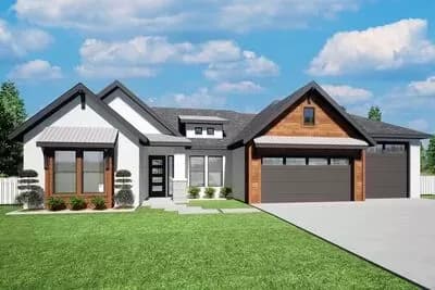 Split-bed Craftsman Ranch Plan with Boat Storage and Covered Patio