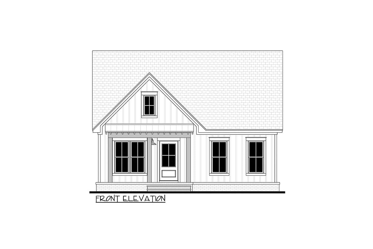 Front elevation house plan with a gabled dormer, covered front porch with columns, and multiple windows.