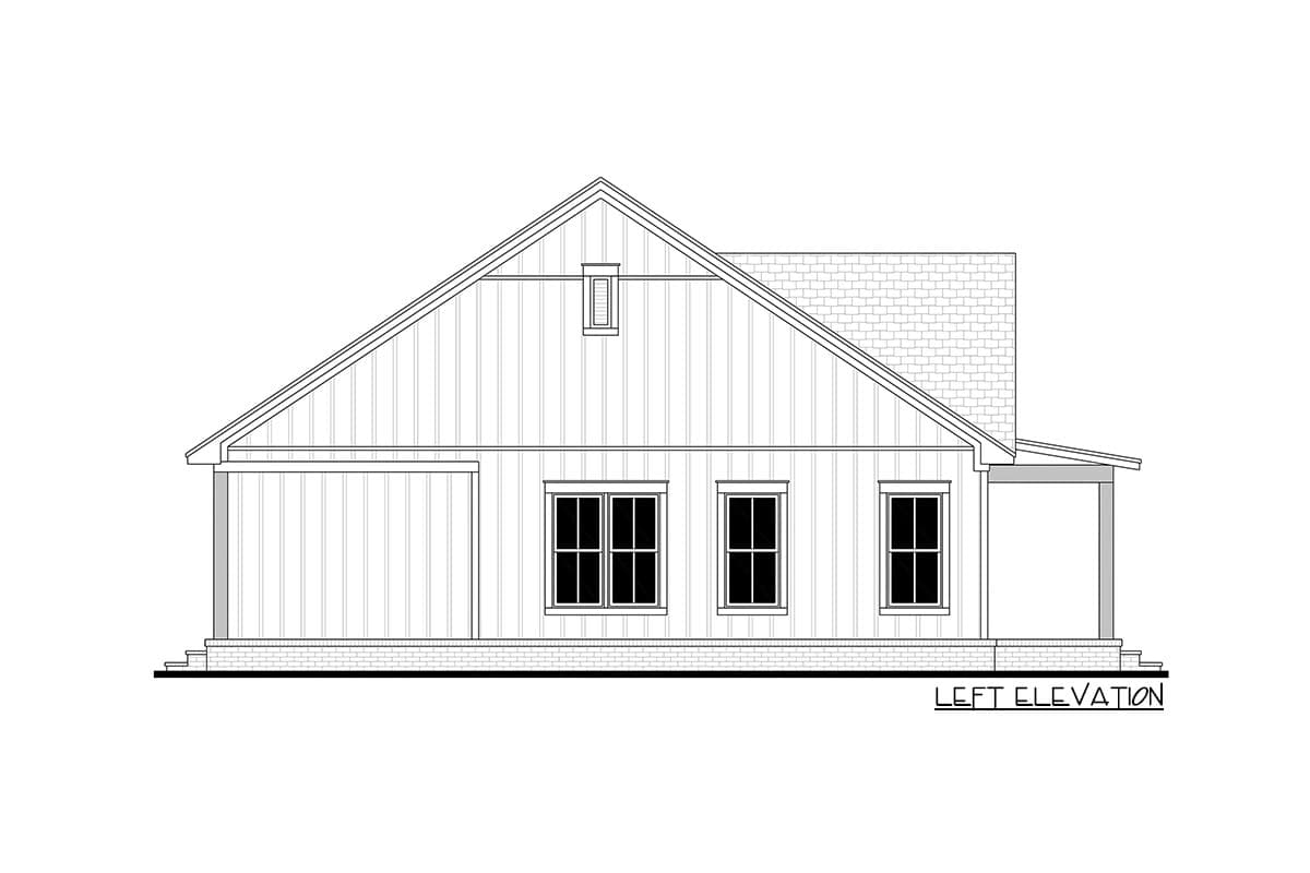 Left elevation drawing of a house plan with a gabled roof, dormer, garage, three windows, and a porch.