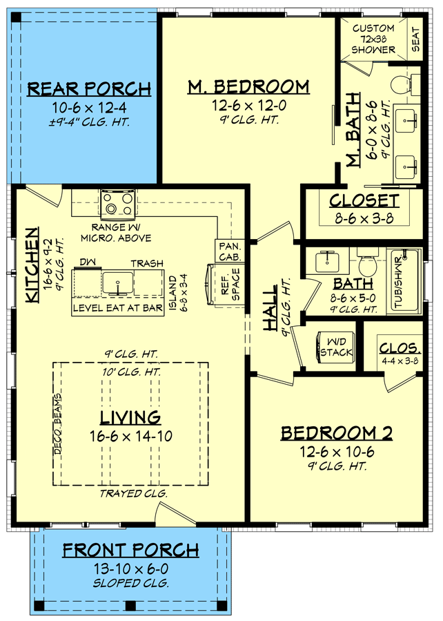 Plan 51926HZ: 2-Bedroom Country Farmhouse Cottage Plan Under 1000 Square Feet - Floor Plan - Main Level - Cabin, Cottage, Country, Craftsman, Farmhouse, Modern Farmhouse, Rustic, Traditional, Vacation