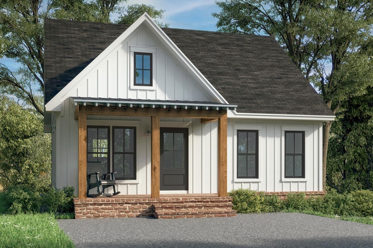 House plan exterior. Farmhouse style with a gable roof, front porch with exposed beams, and board-and-batten siding. Single-story structure.