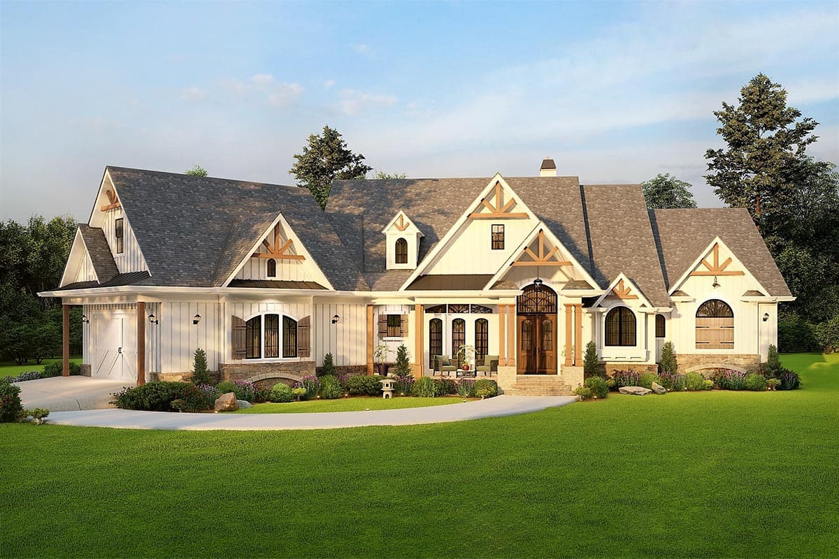 House plan exterior: Modern Farmhouse style, two stories, gables, dormers, covered porch, and side-entry garage.