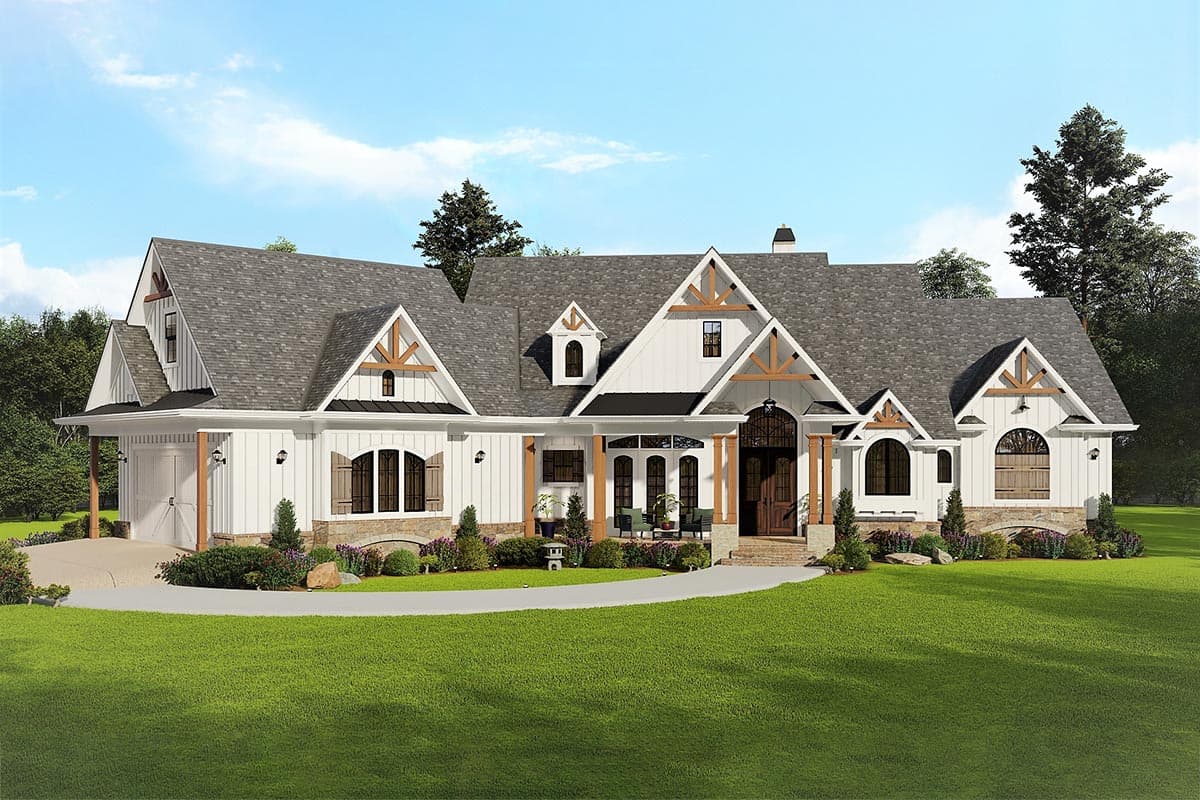 Modern Farmhouse style house plan exterior with two-car garage, exposed beams, multiple gables, and arched windows.