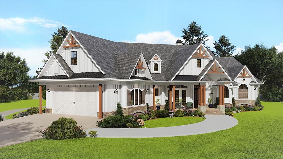 Modern Farmhouse house plan exterior with gables, dormers, covered porch, and attached garage.