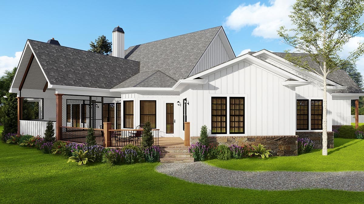 Modern Farmhouse house plan exterior with board-and-batten siding, gable rooflines, screened porch, and stone accents.