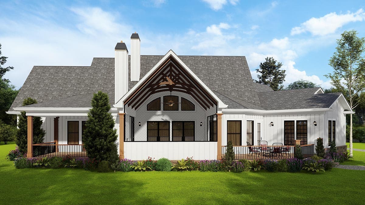 Modern Farmhouse house plan exterior with gables, covered porch, wood beams, and board-and-batten siding.