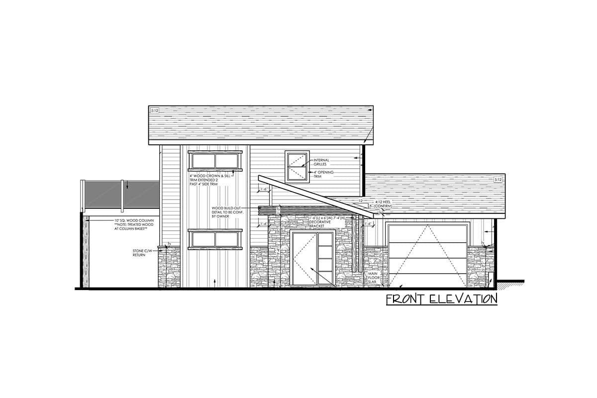 Front elevation house plan: two stories, horizontal siding, stone base, covered entryway with decorative bracket, and two-car garage.