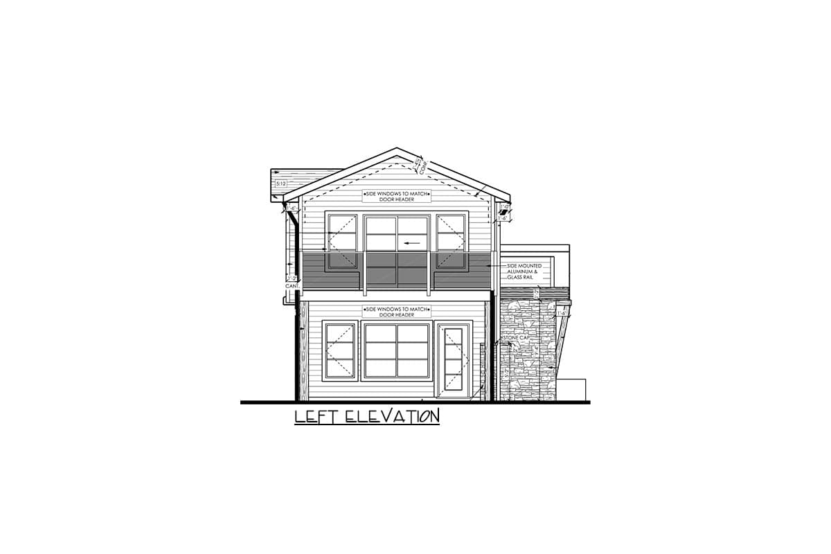 Left elevation house plan exterior with stone base, upper balcony with aluminum and glass rail, and multiple windows.