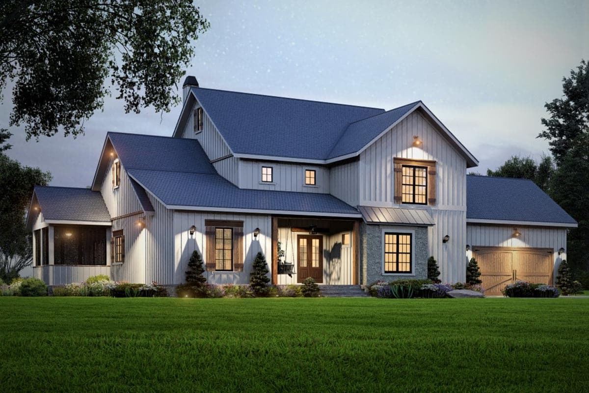 Modern Farmhouse house plan exterior with white board and batten siding, dark blue roof, covered front porch, dormers, and attached two-car garage.