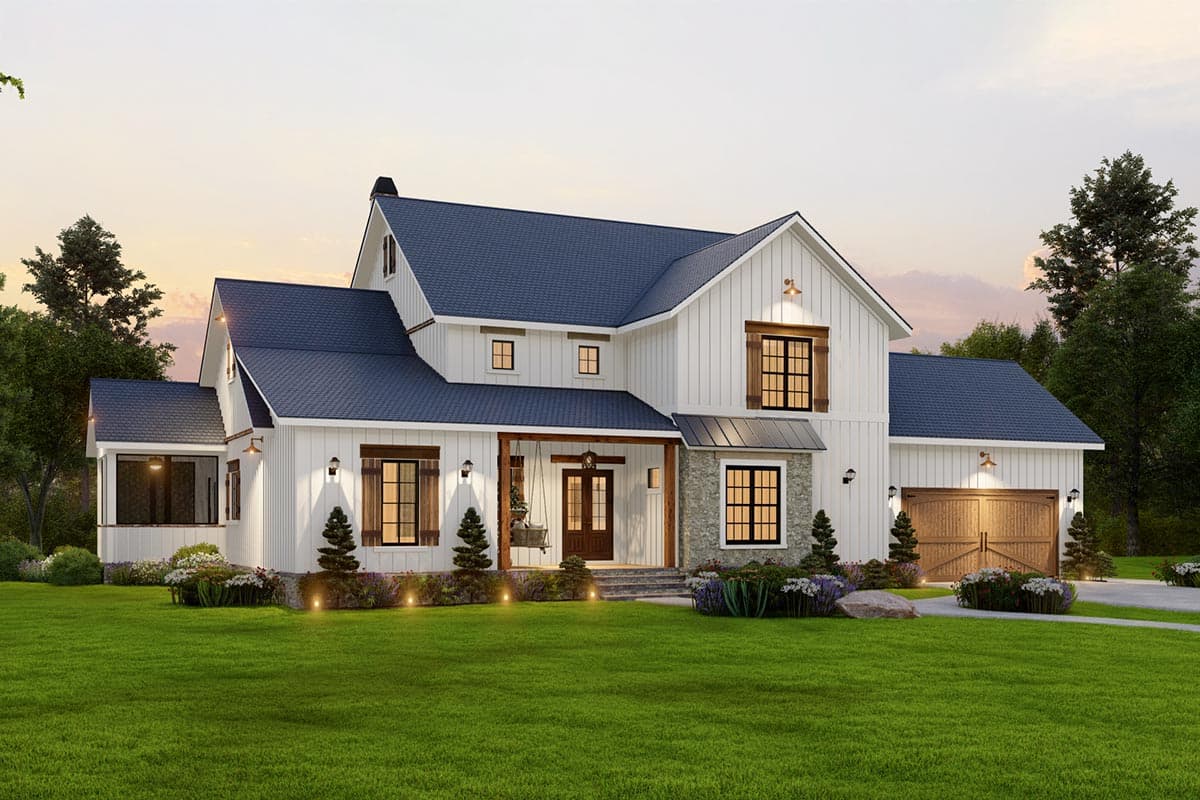 House plan exterior. Two-story Modern Farmhouse with gabled roof, covered porch, and attached garage. Board and batten siding.