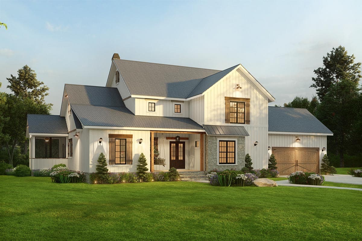 Modern Farmhouse house plan exterior with a covered porch, board and batten siding, stone accents, and a two-car garage.