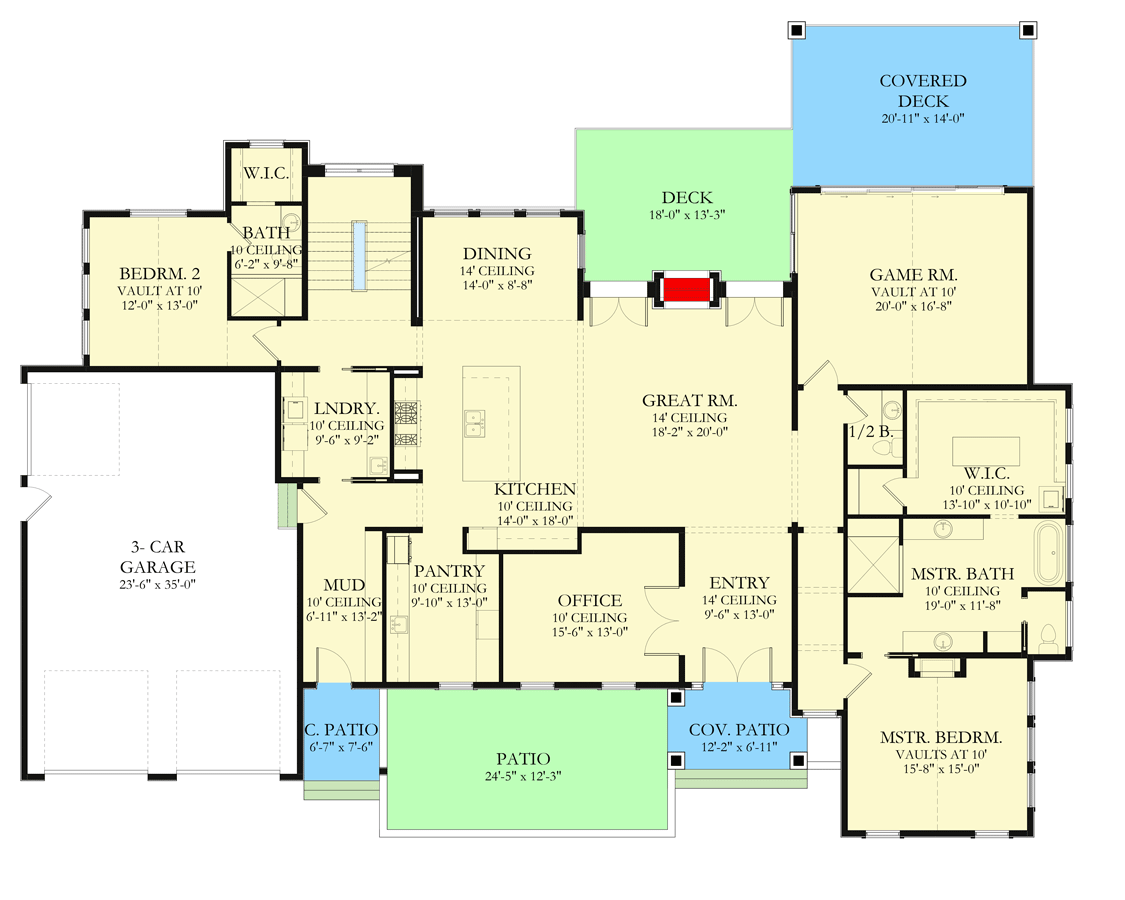 Plan 490063NAH: Transitional Farmhouse with Vaulted Game Room and 2-Side Fireplace - Floor Plan - Main Level - Modern Farmhouse, New American, Transitional
