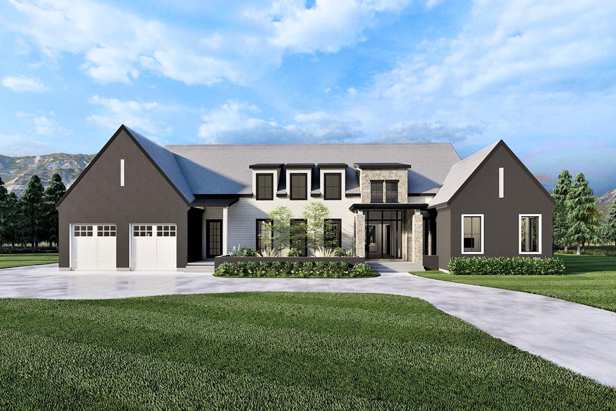 House plan exterior. Modern farmhouse style with two stories, gabled rooflines, stone facade, and a two-car garage. Driveway leads to the entrance.