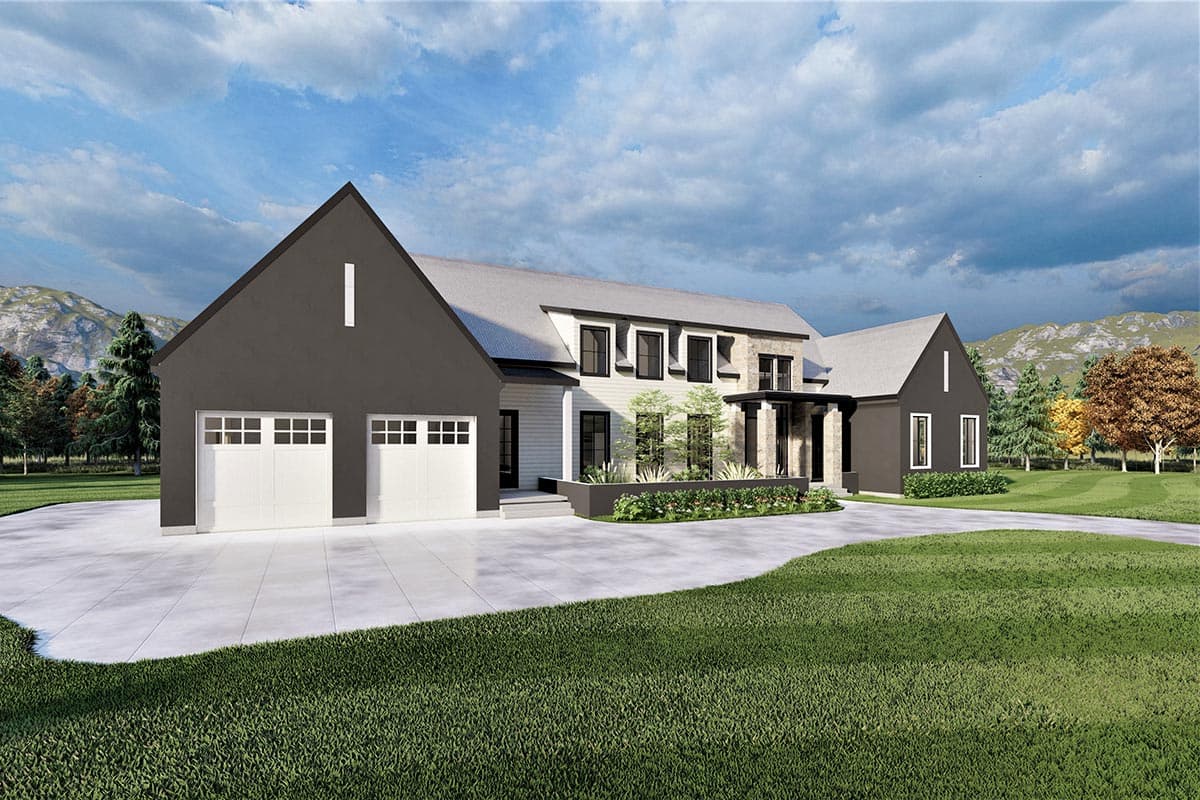 House plan exterior with a dark gray gable, white siding, stone accents, and a three-car garage.