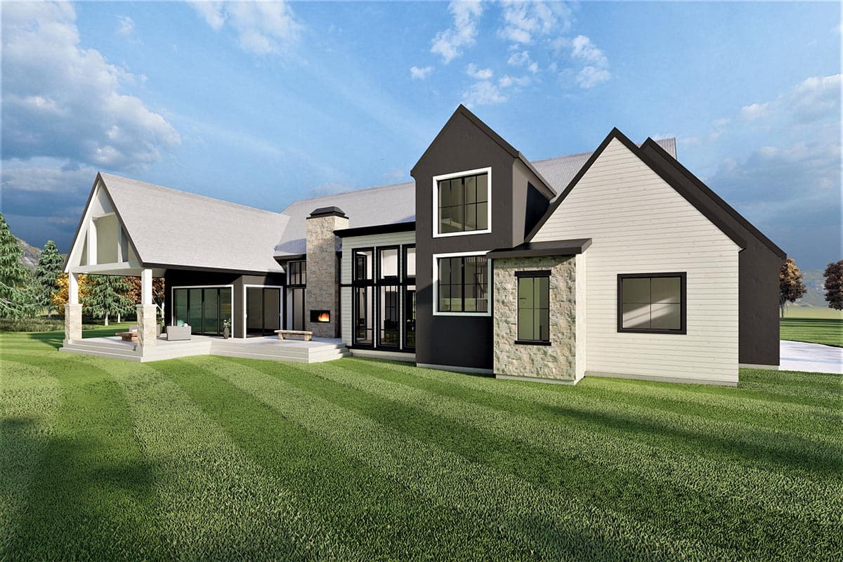 Modern house plan exterior with gabled rooflines, stone and clapboard siding, large windows, and covered patio.