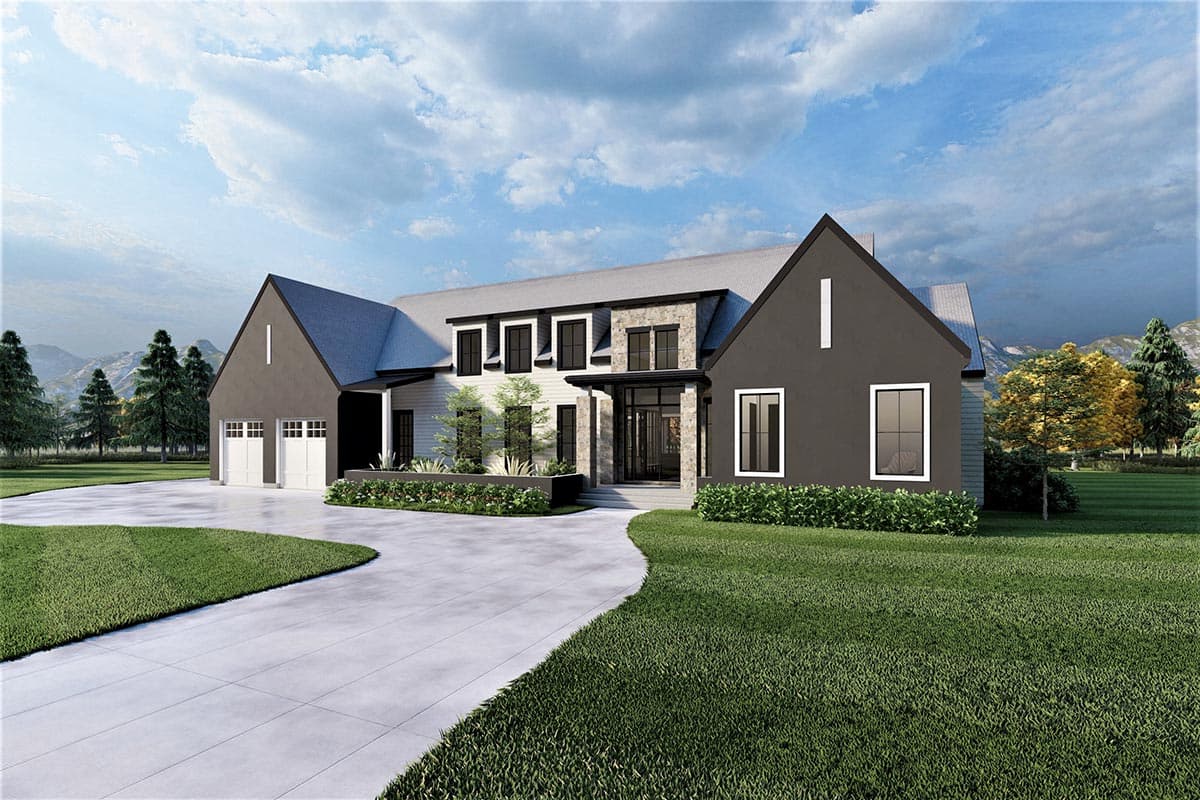 Modern farmhouse exterior with a prominent gabled front, a side-facing three-car garage, and stone accents.