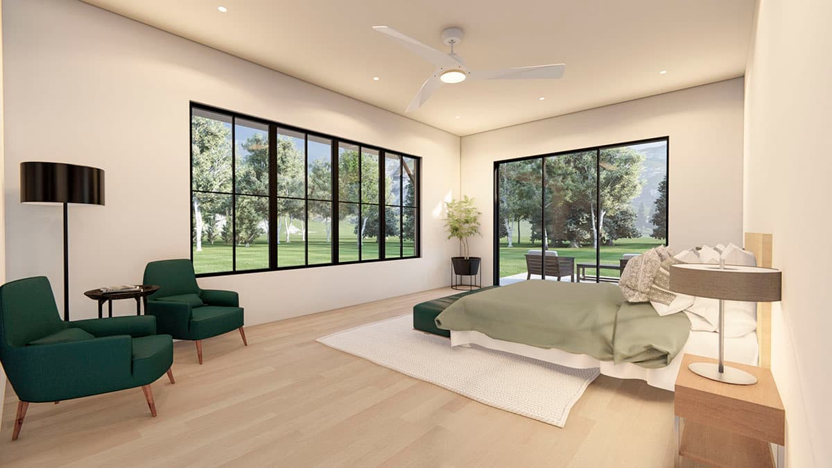 Interior rendering of a bedroom with large grid windows, a ceiling fan, and a bed with green bedding.
