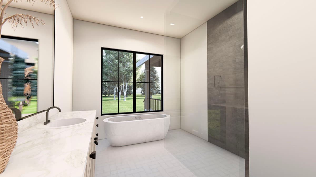 Bathroom rendering with freestanding tub, dual vanity, and walk-in shower with tiled accent wall.