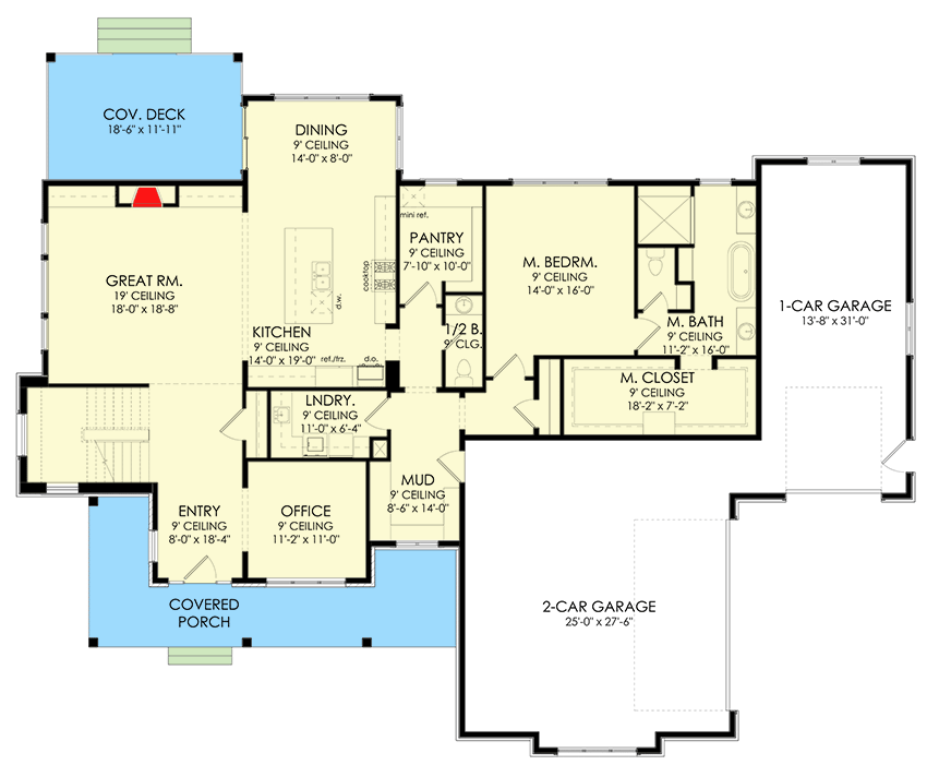 Plan 490066NAH: 3400 Square Foot Modern Farmhouse with 2-Story Great Room and a Home Office - Floor Plan - Main Level - Craftsman, Farmhouse, Modern Farmhouse, New American, Northwest
