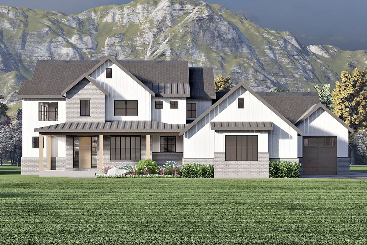 House plan exterior. Modern Farmhouse style, two-story home with covered porch, gabled rooflines, and a side-entry garage.