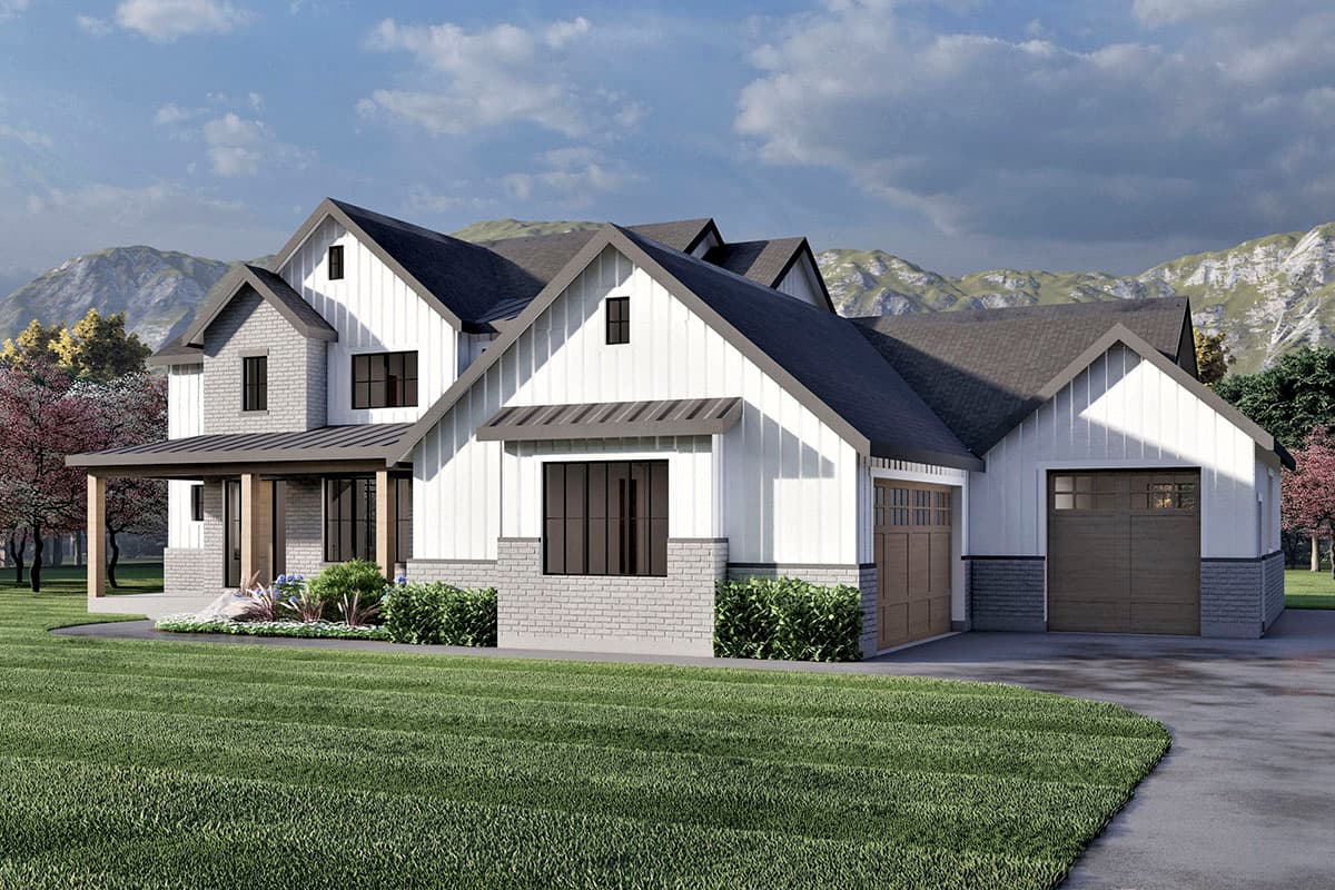 Modern Farmhouse house plan exterior with white board-and-batten siding, brick accents, covered porch, and a two-car garage.
